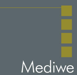 Logo Mediwe: Dit is een grijs vierkant met 4 gele vierkantjes in